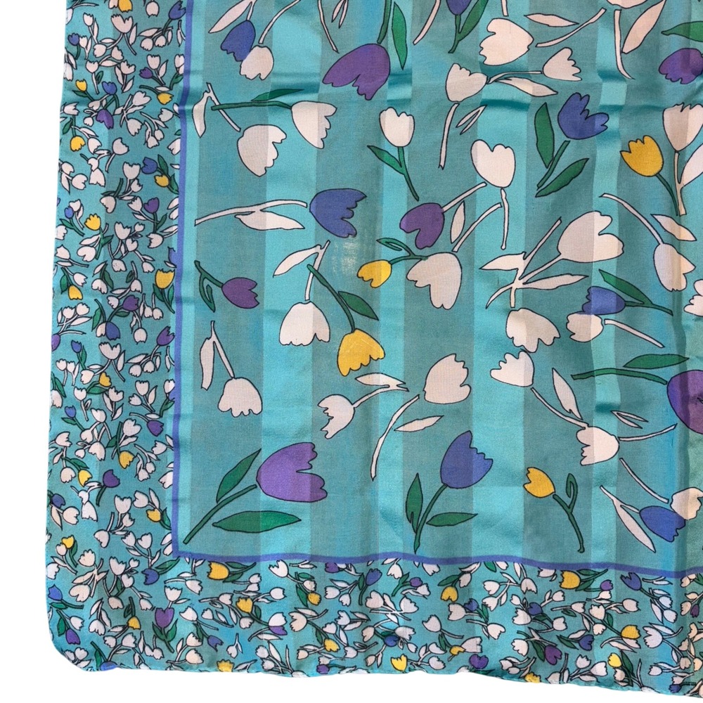 Vintage 70s Italian Floral Square Scarf Teal Purple Yellow‎ Tulip Print